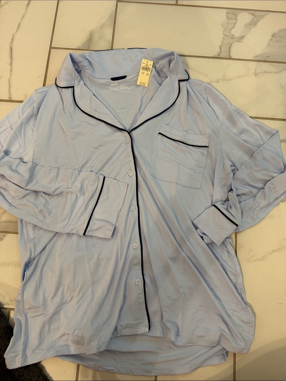 aerie Light Blue Long-Sleeve Button-Front Pajama Top with Black Piping